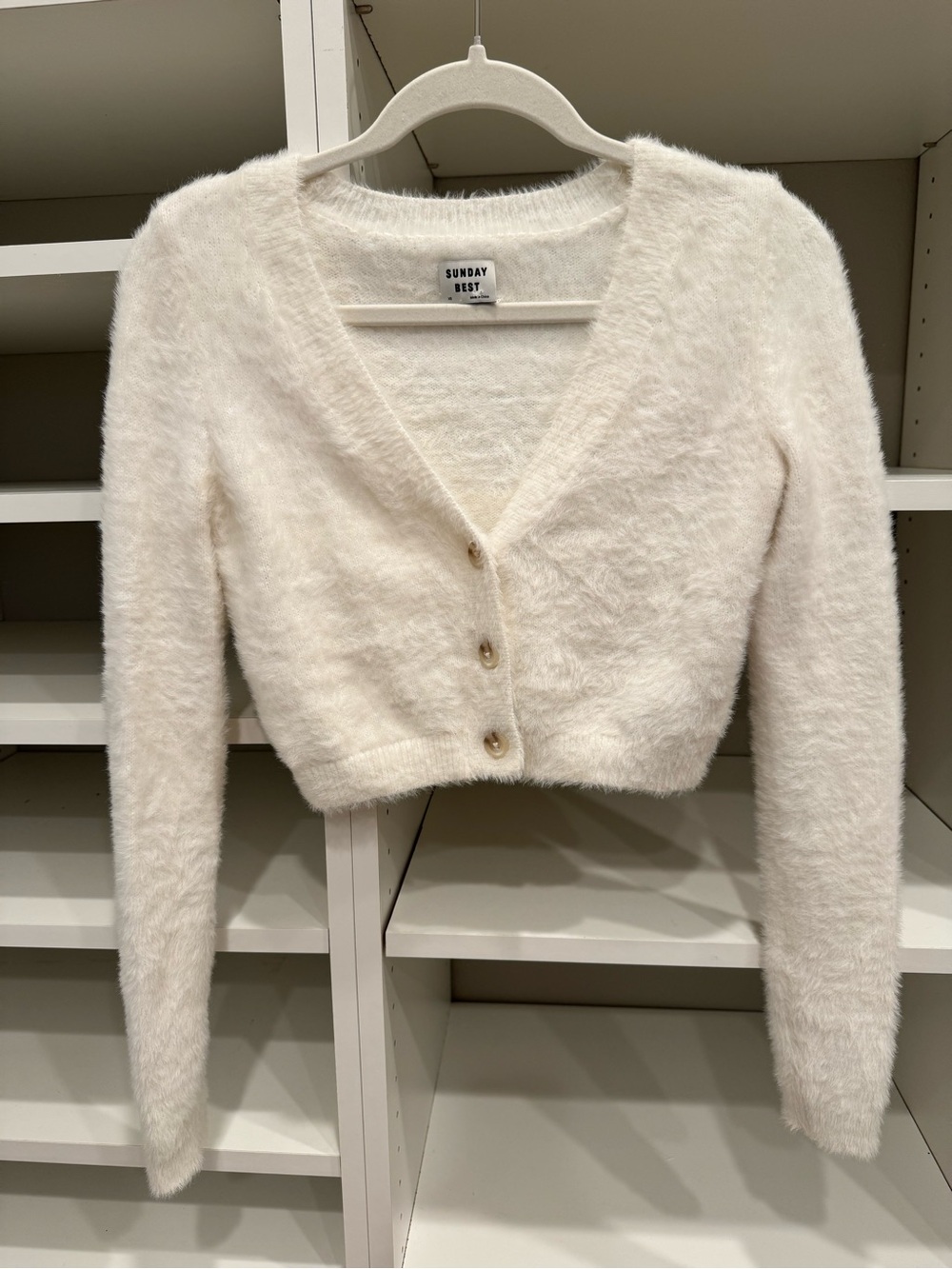 Sunday Best Fuzzy Cropped V-Neck Button Down Cardigan, Size XS